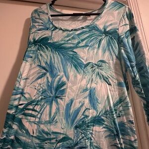 Chico's Teal and Blue Palm Print Long Sleeve Top